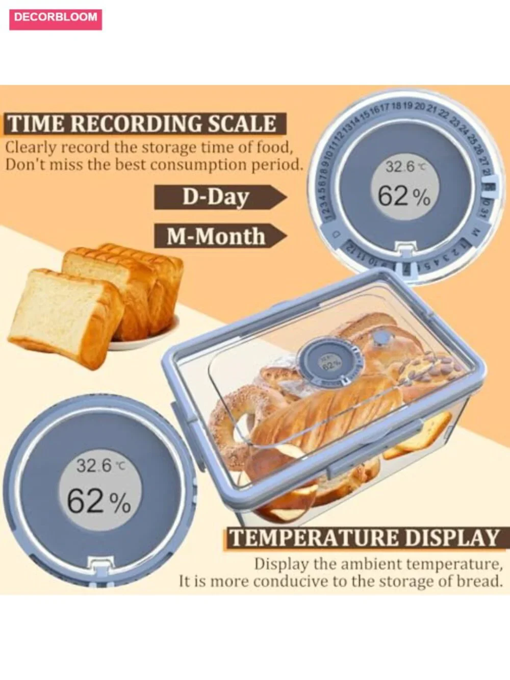 Bread Box with Digital Hygrometer, Time Recording Dial, Airtight Storage